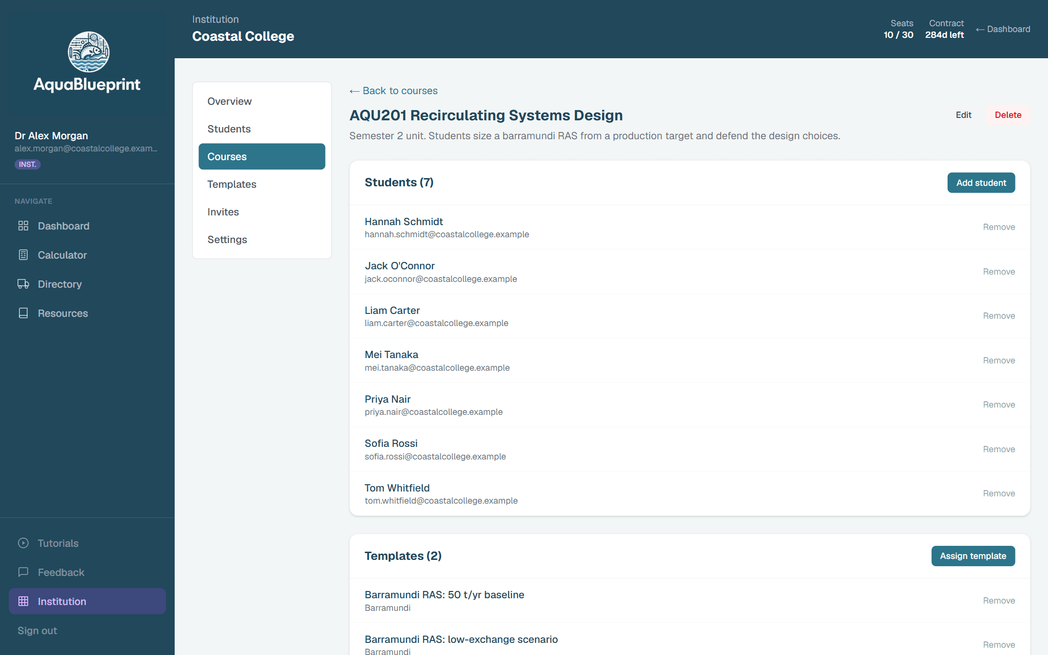 Course page for a recirculating systems design unit listing seven enrolled students and two assigned design templates