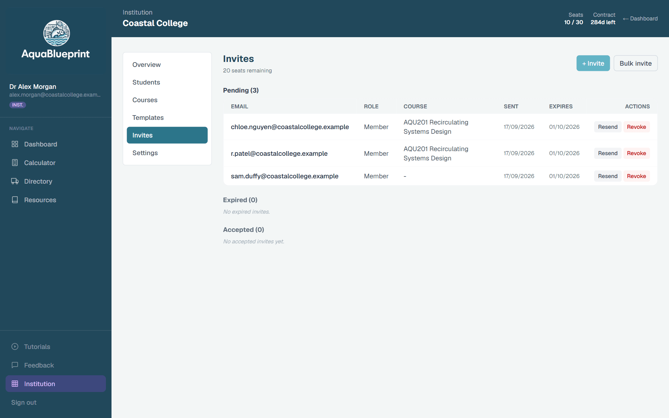 Invites page listing three pending student invites, two of them linked to a course, with resend and revoke actions