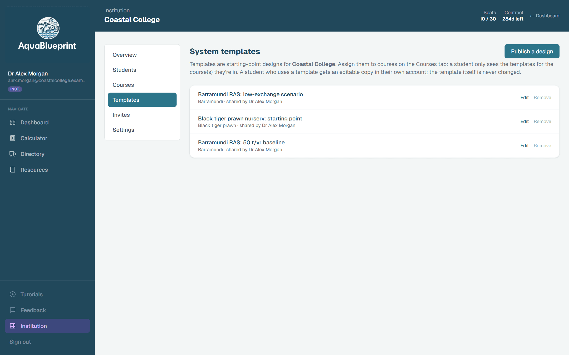 System templates page listing three published starting designs for barramundi and black tiger prawn