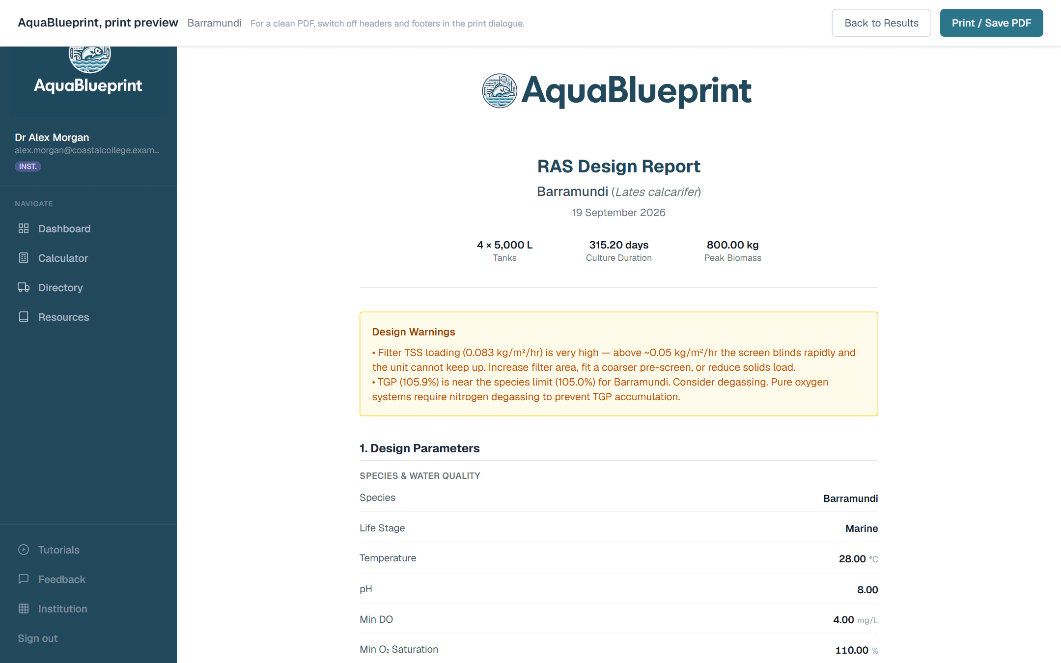 Print preview of a design report summary with the design warnings and the design parameters table