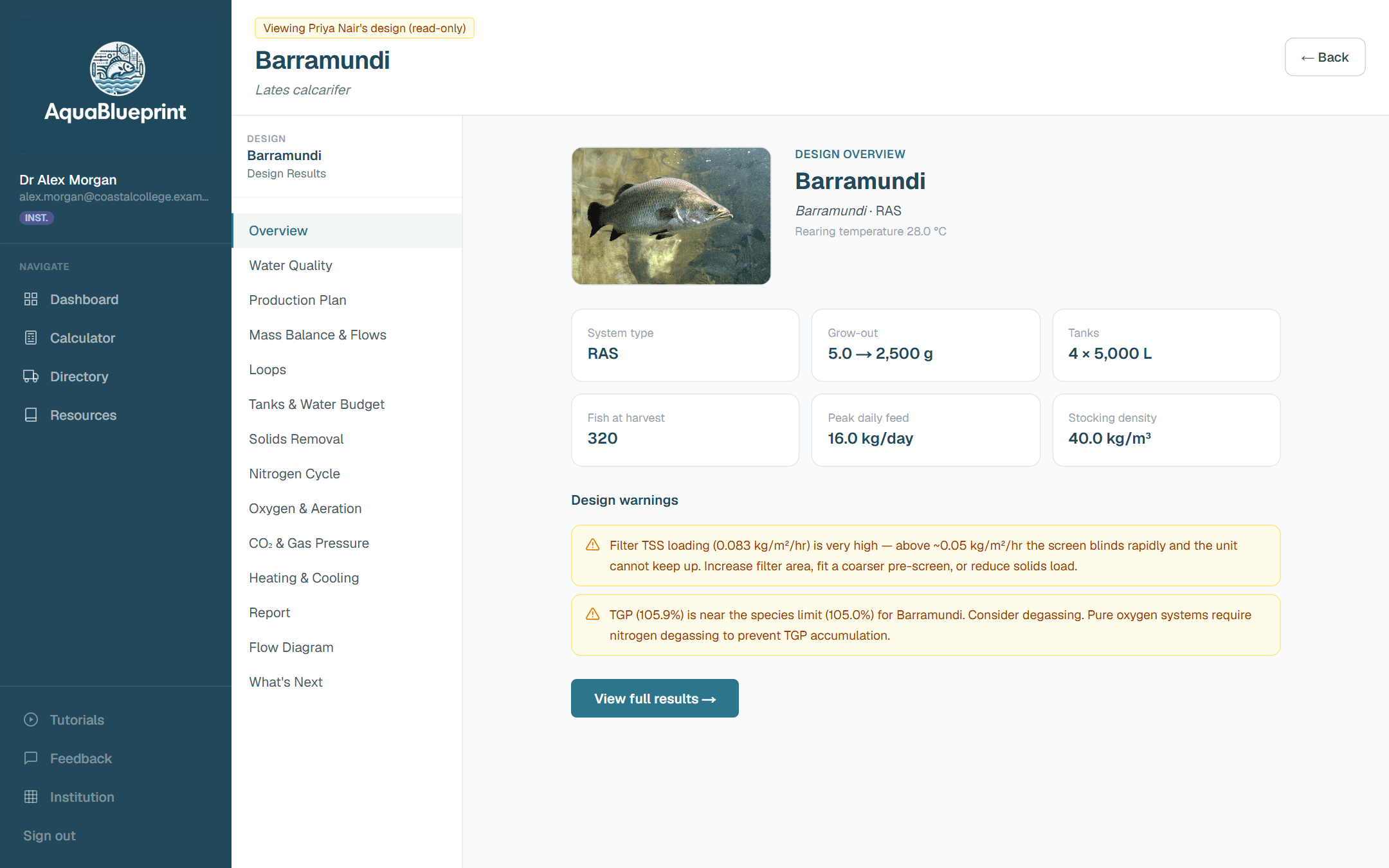 Design overview for a barramundi recirculating system, opened read-only by a lecturer, showing tank numbers, stocking density, peak daily feed and two design warnings